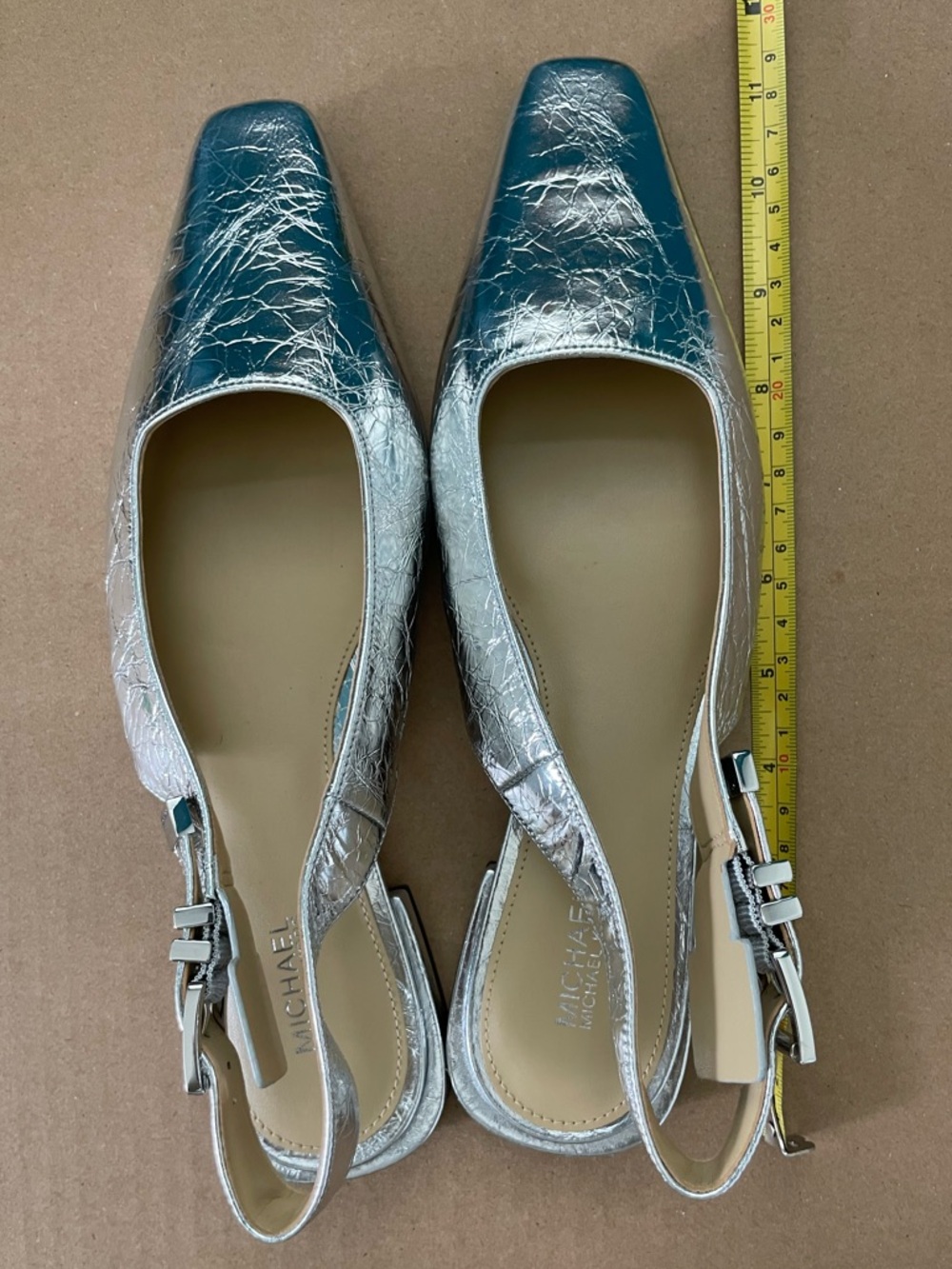 Michael Kors Silver Slingback Flats 7.5M Metallic Crackle Leather Pointed Toe - Picture 9 of 10